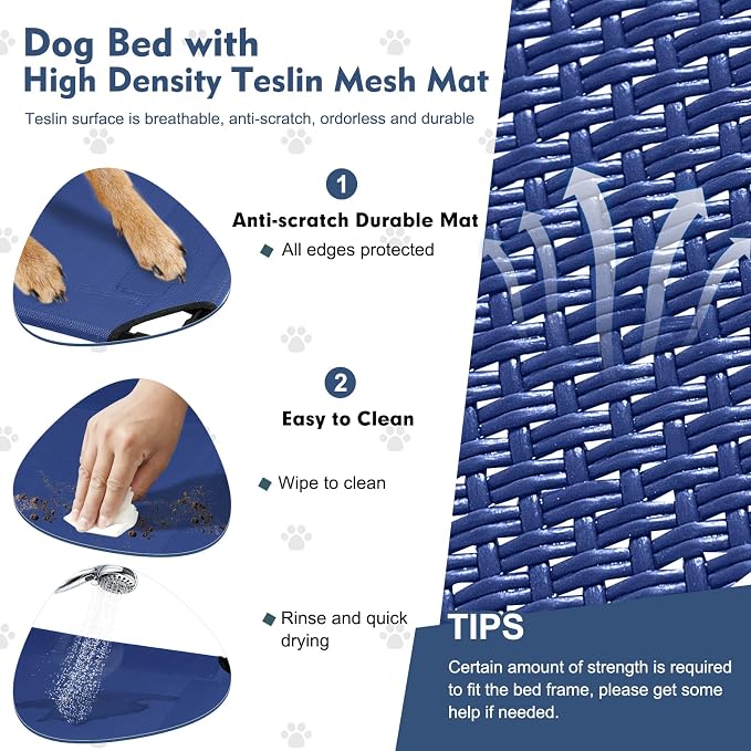 Elevated Outdoor Dog Bed with Canopy Raised Dog Cot with Shade Large Dog | Outdoor Dog Bed with Removable Wider Shade & Stable Anti-Slip Feet for Camping Raised Dogs Cot for Large Pets,Navy Blue