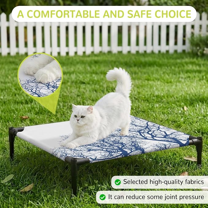 Outdoor Elevated Dog Bed for Small Dogs, Modern Tree Branches Breathable Cooling Raised Dog Cot for Indoor/Outdoor, Contemporary Sky Blue Botanical Waterproof Elevated Pet Beds, S 20 x 20 in