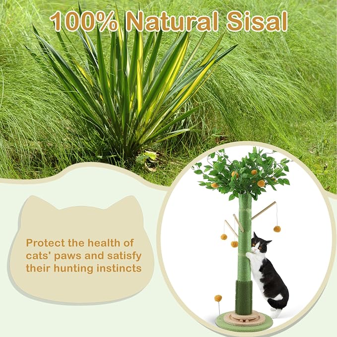 Cat Scratching Post, 46 Inch Tall Cat Scratcher Tree for Indoor Cats Adults with Natural Sisal Rope, Large Scratching Posts with Rubber Brush, 3-Layer Solid Wood Base and Balls Track Toy
