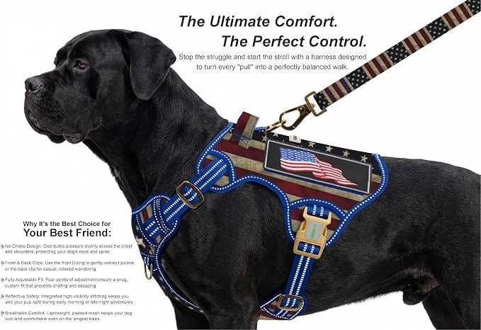 Homapet. Tactical Dog Harness with Dual Leash Attachment Points, Adjustable and Reflective Military Grade Dog Vest with Comfort Control Handle (Us Flag, XXL)
