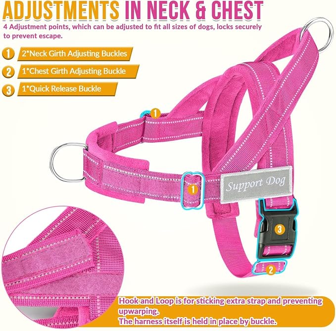 SlowTon No Pull Dog Harness with Front Clip - Heavy Duty, Soft Padded | Neck & Chest Adjustable, Tactical Pet Vest and Leash Set for Large Medium Sized Dogs, for Easy Walk & Training, Fuchsia S