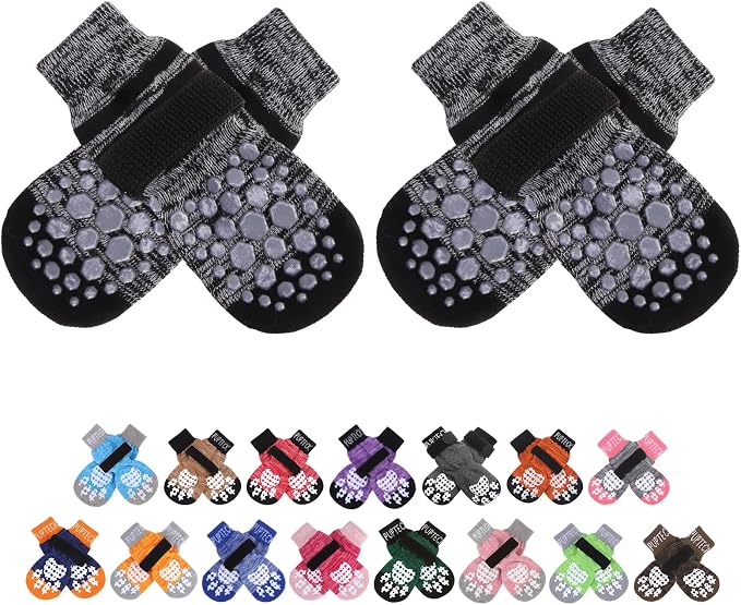 PUPTECK Anti-Slip Dog Socks with Double Sides for Small Medium Large Dogs Hardwood Floors Prevents Licking, Dog Shoes for Hot Pavement Traction Control Paw Protector for Senior Dogs, Striped Black M