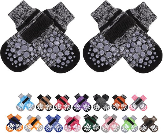 PUPTECK Anti-Slip Dog Socks with Double Sides for Small Medium Large Dogs Hardwood Floors Prevents Licking, Dog Shoes for Hot Pavement Traction Control Paw Protector for Senior Dogs, Striped Black XS
