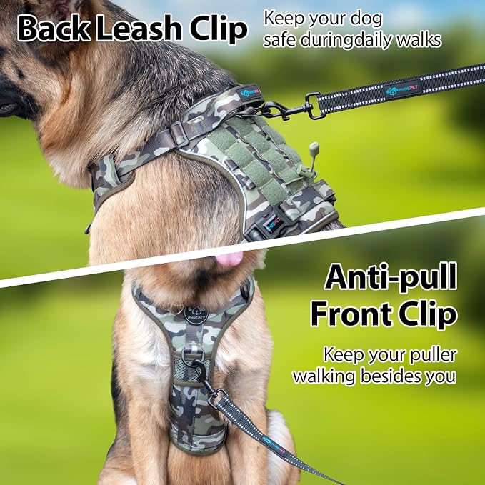 No Pull Tactical Dog Harness,Service Dog Vest Molle & Loop Panels | Army Green M, Metal Front & Back D-ring, Reflective, Easy Control with Padded Handle for Small Medium Large Dogs