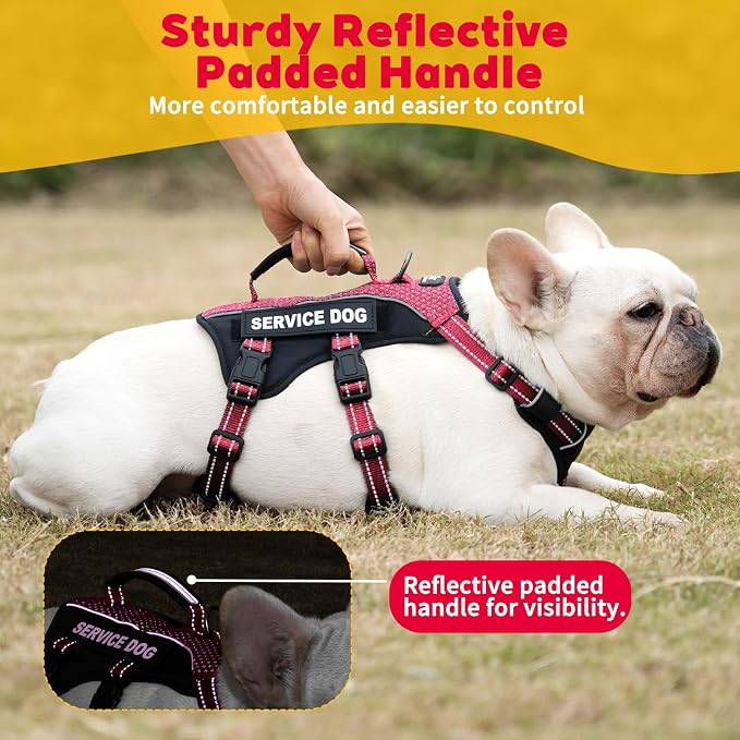 Service Dog Vest Harness, Escape Proof Harness with 6 Patches, No-Pull, Reflective Harness with Handle, Adjustable for Small to Large Dogs, for Training and Hiking (Red, S)