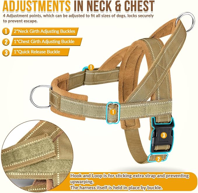SlowTon No Pull Dog Harness with Front Clip - Heavy Duty, Soft Padded | Neck & Chest Adjustable, Tactical Pet Vest and Leash Set for Large Medium Sized Dogs, for Easy Walk & Training, Tan XL