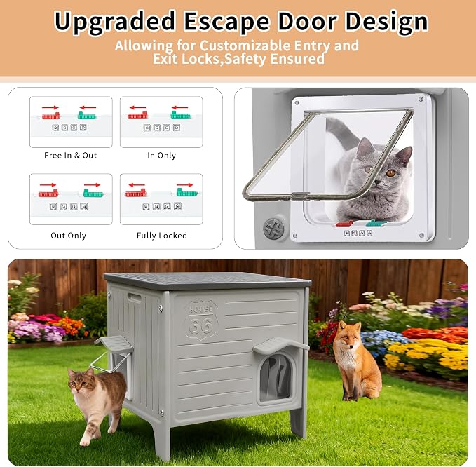 Plastic Cat House Outdoor with Soft Mat - Feral Cat Houses | with Escape Door, Waterproof Outdoor Cat House for Feral Cats, Outside Cat Shelter,Assemble Easily