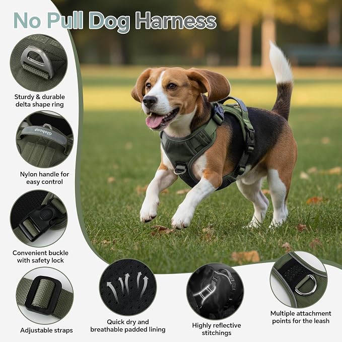Heavy Duty Tactical Dog Harness for Large Dogs, No Pull Dog Harness with Handle & Front Clip, Reflective Soft Padded, Hook and Loop Panel, Dog Vest for Walking, Service Training, Army Green