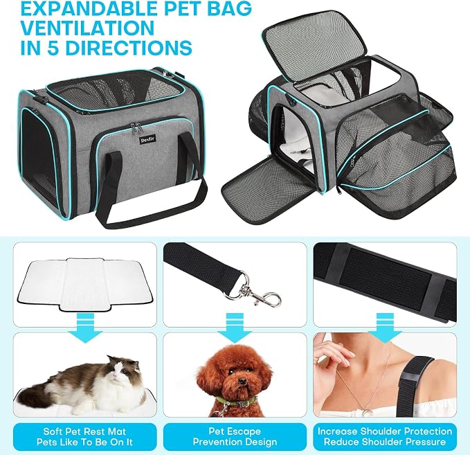 Pet Carrier, Large Soft Sided Expandable Travel Carrier with Steel Frame, Anti-Scratch Mesh, Removable Fleece Pad and Pockets for Cats, Dogs and Small Animals up to 15 lbs (Gray, 5 Sides Expandable)