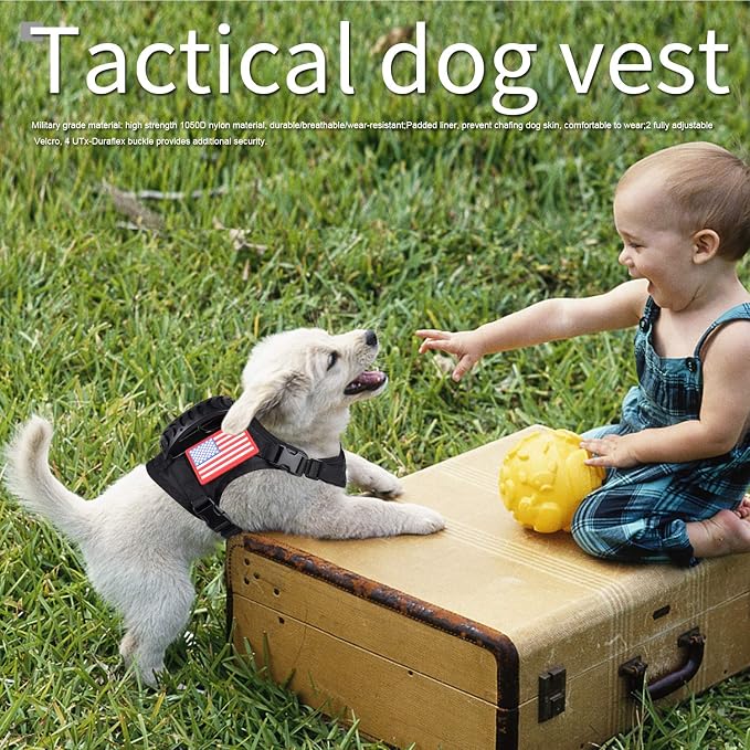 Tactical Service Dog Harness Vest,K9 Adjustable Military Working Harness Water-Resistant Comfortable Training MOLLE Dog Vest with Handle, with 2 Patches (XS, Black)