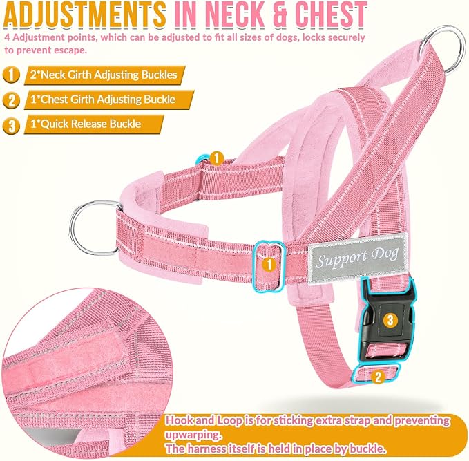 SlowTon No Pull Dog Harness with Front Clip - Heavy Duty, Soft Padded | Neck & Chest Adjustable, Tactical Pet Vest and Leash Set for Large Medium Sized Dogs, for Easy Walk & Training, Pink S