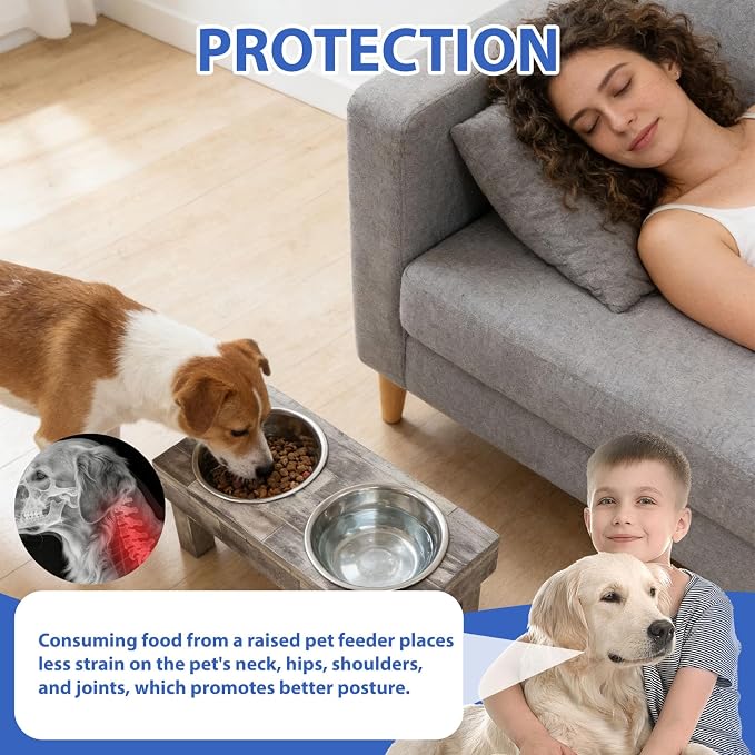 Pet Berjen Table Elevated Double Bowl Pet Feeder, Brown Wash (Large) (02189)