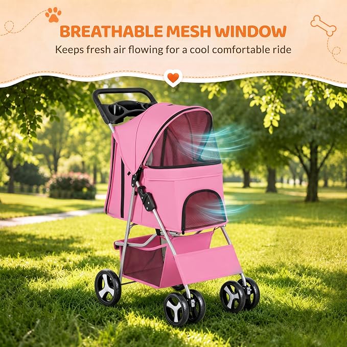 ZENY Foldable Pet Stroller, Cat/Dog Stroller with 4 Wheel, Pet Travel Carrier Strolling Cart with Storage Basket, Cup Holder (Pink)