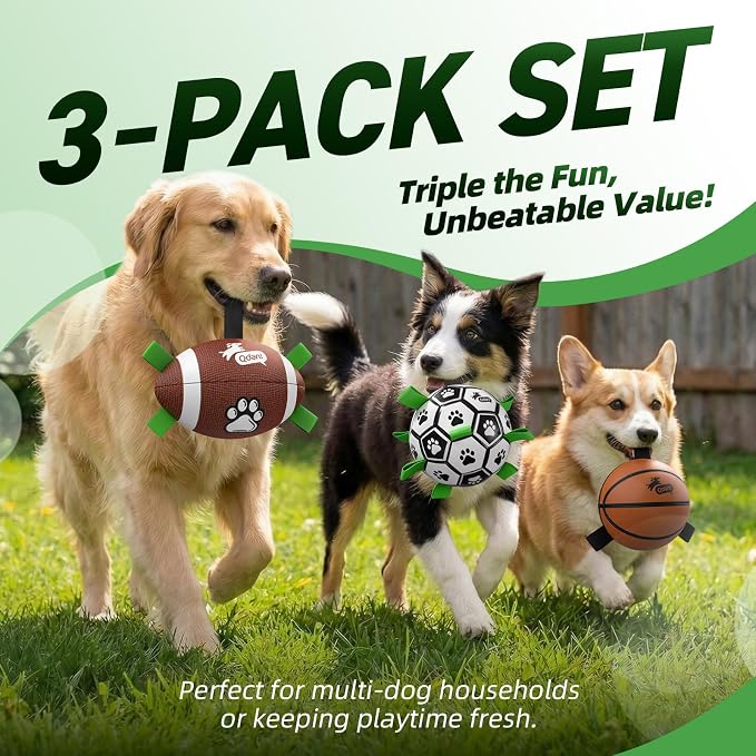 QDAN Dog Soccer Ball Football Basketball Set - 3 PCS Dog Balls with Strap for Tug of War, Soccer Ball Football Toys for Small Medium Large Dogs, Herding Ball for Dogs, Dog Birthday Toy