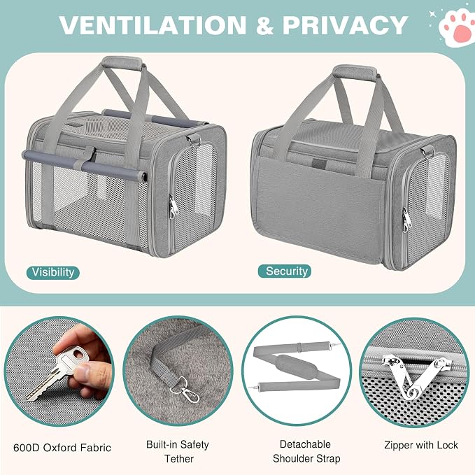 Soft Cat Carrier for Pets Up to 20 Lbs, Collapsible Cat Carrier Bag with Privacy Curtains, Airline Approved Small Pet Carrier for Small Medium Cats Dogs Puppy, Washable Soft Pet Travel Bag Dog Carrier