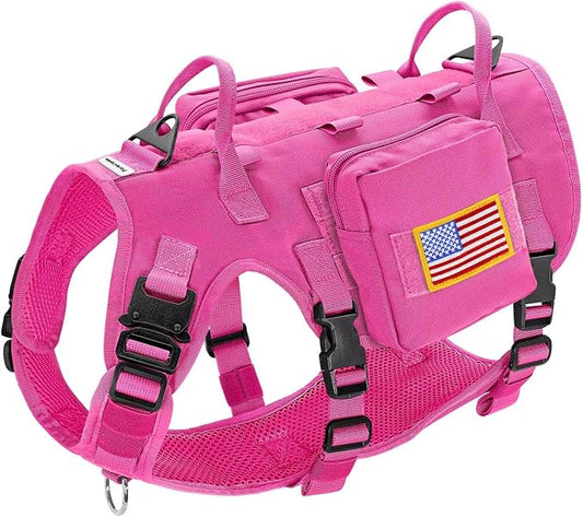 Forestpaw Tactical Dog Harness Pouches and Patches Set,L,Hot Pink | Adjustable Fits 27-40" Chest,70-140 lbs,No Pull Military Style Service Dog Vest for Daily Walking Training,Medium Large Dogs