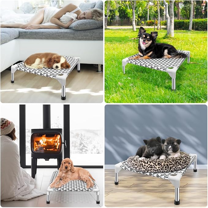 Kuntrust Elevated Outdoor Dog Bed for Small Pets，Fits up to 50lbs | Breathable Fabric, Dual-Layer Cotton, Stainless Steel Frame, Anti-Slip Feet