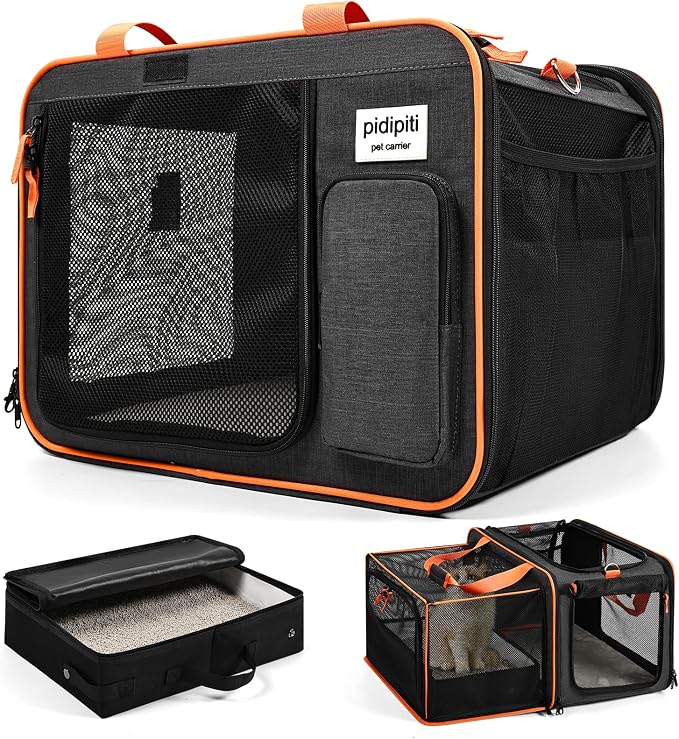 Pidipiti 20 x 14 x 14 Expandable car Travel Carrier for 1 Small-Medium cat,with a Portable Leakproof Litter Box