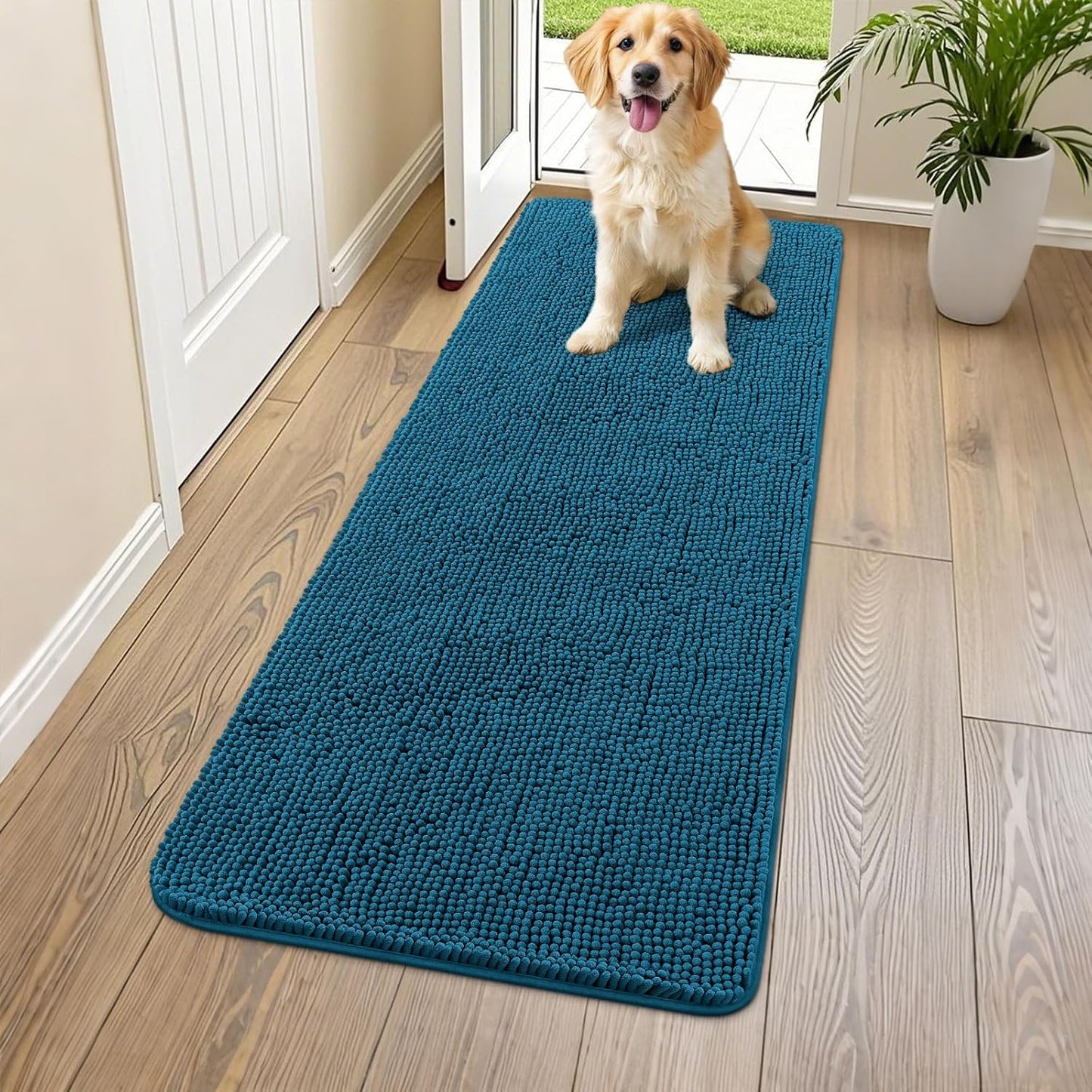 Smiry Dog Door Mat for Muddy Paws 59x24, Absorbs Moisture and Dirt Doormat, Non-Slip Washable Quick Dry Chenille Front Door Mat Indoor Entrance, Entryway Carpet for Inside Floor, Atlantic Blue