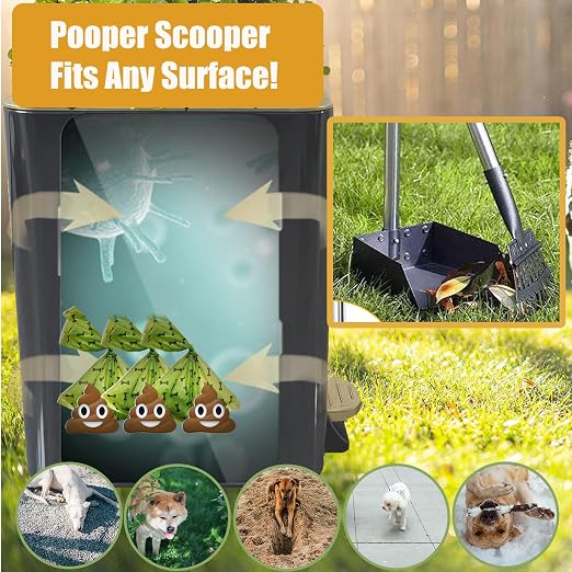 Metal Dog Pooper Scooper for Yard - Dog Poop Trash Can Outside with Pedal | 3.2 Gal Pet Waste Container Outdoor - Stainless Steel Garbage Bucket with Lid - Trash Bin, Long Handle Tray and Rake - Black