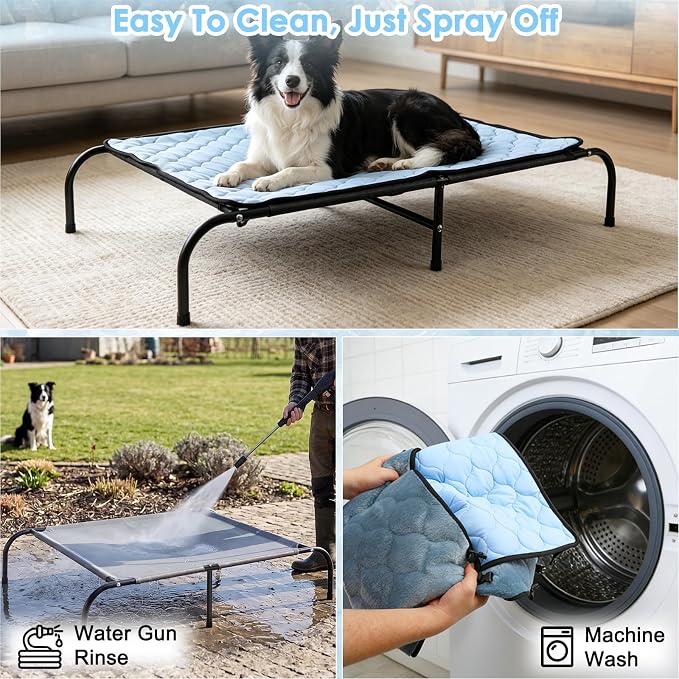 SZEE Elevated Dog Bed, Cooling Dog Cot Bed, Support Up to 100 LBS for Large Breeds, with Durable Steel Frame, Reversible Ice Silk Mat & Sturdy Teslin Mesh, Outdoor & Indoor All-Season Use - L