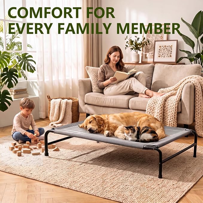 MICOOYO Outdoor Dog Bed, Elevated Dog Bed Raised Dogs Bed with Breathable & Washable Mesh, No-Slip Feet, Easy Clean, Chew Proof, Portable Dog Cot for Indoor & Outdoor Use, 47" x 31" x 9", Grey
