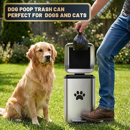 Small Dog Poop Trash Can Outside with Odor Control Lid, 5L/1.3Gal Metal Step Pedal Waste Bin & Removable Inner Bucket, Includes 30 Trash Can Bags, Indoor/Outdoor/Yard Dog Waste Trash Can (Silver)