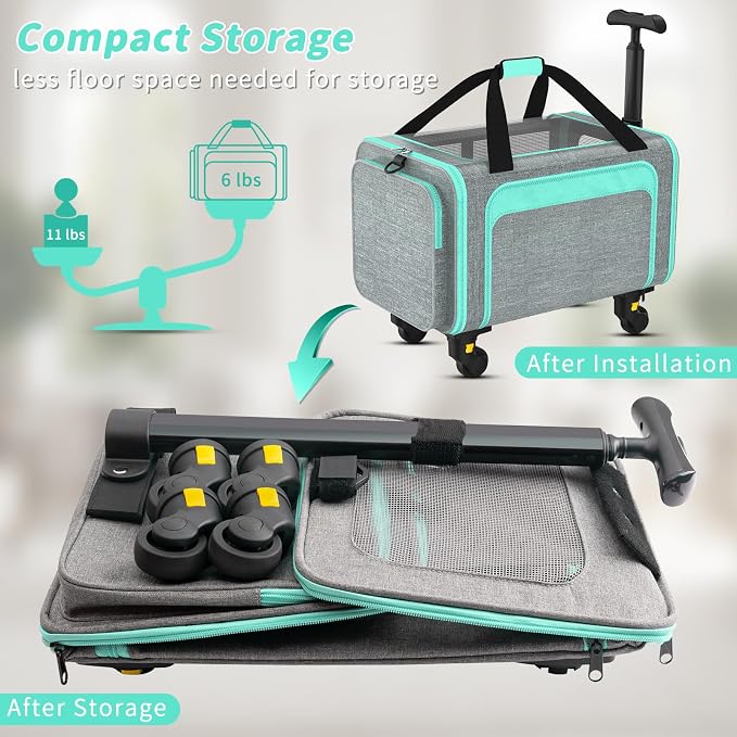 Airline Pet Carrier with Wheels, 18x11x11 for Cats & Toy Dogs | Soft-sided nylon under-seat bag, removable wheels, expandable mesh, cats & toy-breed dogs, measure pet before buying