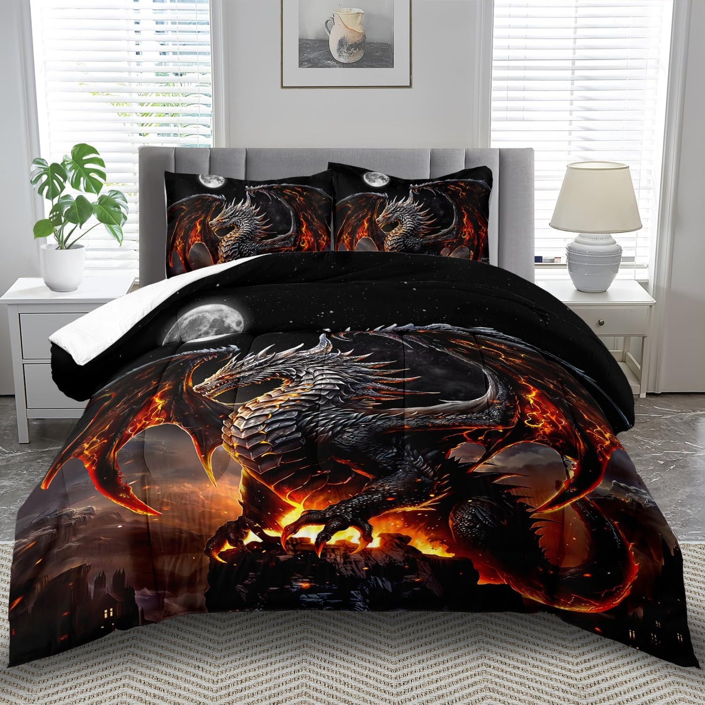 Black Dragon Comforter Set King Adult,Flame Dragon Bedding Set for Boys,Magical Beast Bedding Fantasy Animal Comforter Beedroom Decor,Magical Beast Quilt Bed Decor