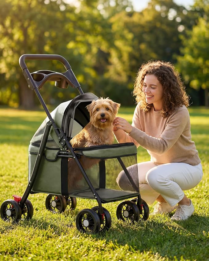 GTPLAYER Foldable Pet Stroller for Small Dogs and Cats, Holds Up to 33 lb, 4-Wheel Stroller with 2 Safety Tethers, Breathable Mesh, Lockable Front Wheels, Cup Holder/Tray & Storage Pocket, Dark Green