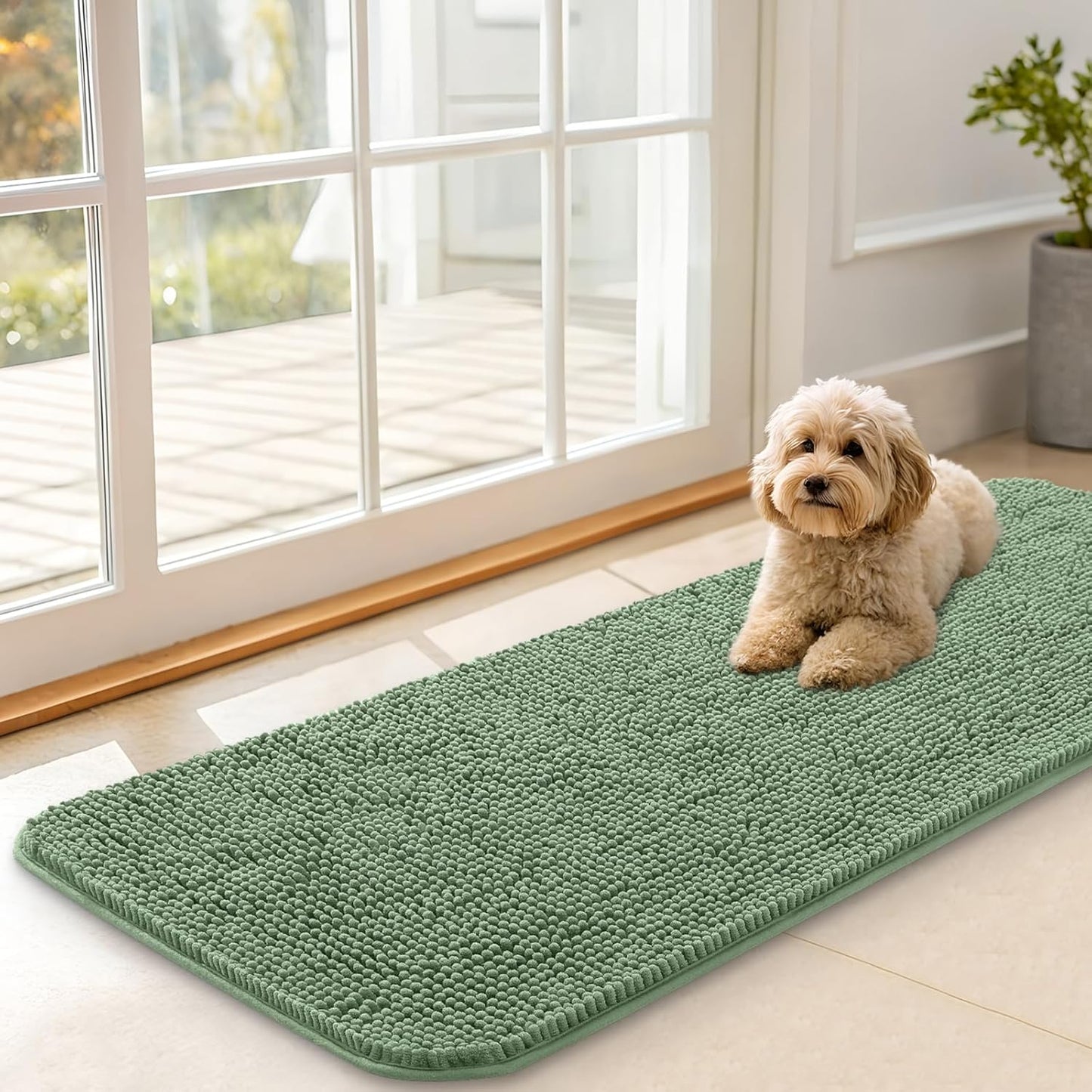 OLANLY Dog Door Mat for Muddy Paws 47x17, Absorbs Moisture and Dirt, Absorbent Non-Slip Washable Doormat, Quick Dry Chenille Mud Mat, Entry Indoor Entryway Carpet for Inside Floor, Olive Green
