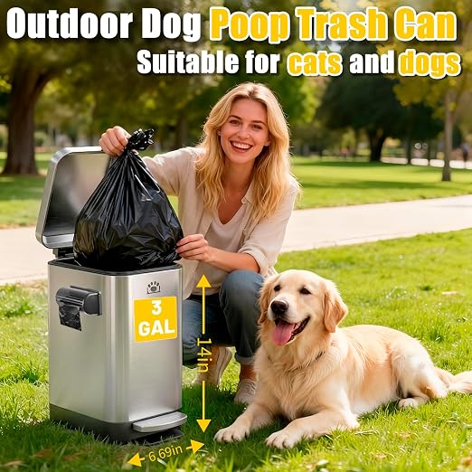 Dog Poop Trash Can Outside,3Gal Metal Outdoor Trash Can,Outdoor Dog Poop Trash Can with Lid for Odor Control - Includes Poop Scooper for Dogs & Bin Bag Holder (Silver)