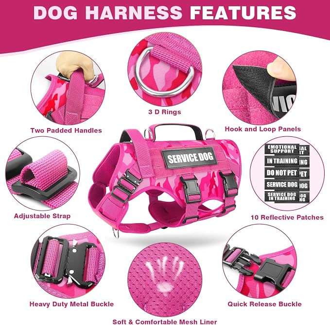 Service Dog Vest Harness for Large Dog, Tactical Working MOLLE Vest with 10 Pet Patches, No Pull Heavy Duty Harness for Training Walking