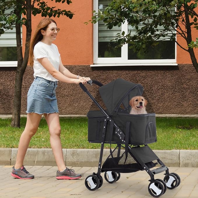FDW 4-Wheels Multi-Function Dog Stroller Jogger with Detachable Carrier, Lightweight Travel Stroller for Small & Medium Pets, Black
