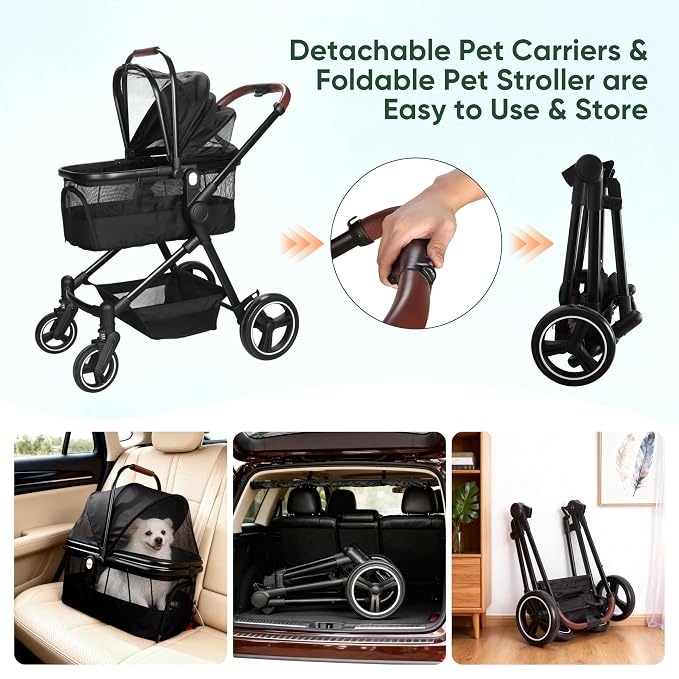 3-in-1 Foldable Pet Stroller for Dogs/Cats, 33lbs | All-terrain 7"/10" wheels | Compact storage | Storage basket | Breathable linen | Cup holder & rear brakes