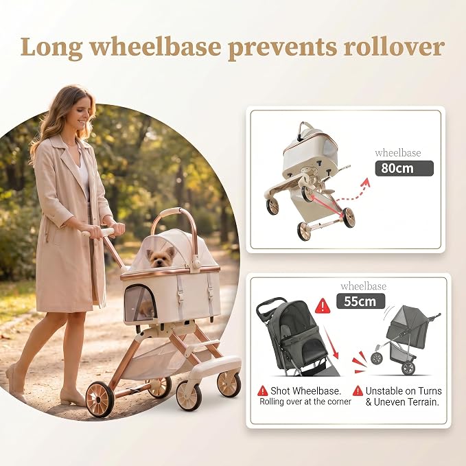 All-Terrain Pet Stroller for Small Medium Dogs & Cats, 20 lbs Capacity - Portable Carrier with One-Touch Brake, Lightweight Foldable Design & Shock Absorption Wheels,Beige