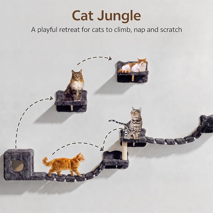 9-in-1 Cat Wall Shelves, Cat Wall Furniture Set with Bridge, Grey | Wall Mounted Cats Shelf for Space-Saving, Multi-Level Cat Climbing Systems for 16 Inch Drywall, with Scratching Posts, Condos