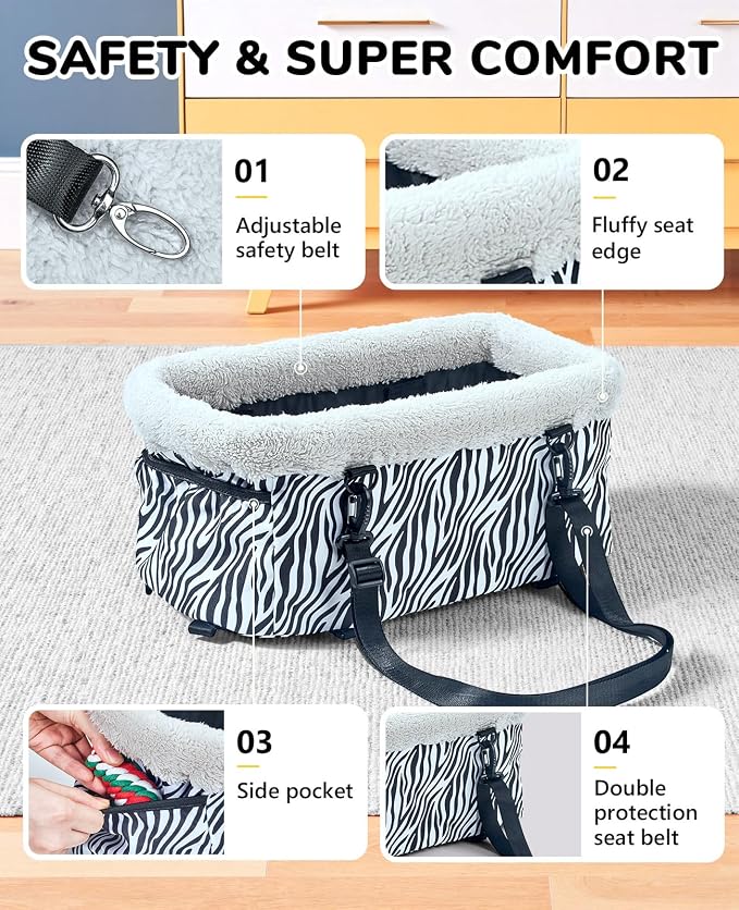 BurgeonNest Center Console Dog Car Seat for Small Dogs up to 9 lbs Cute Zebra Print