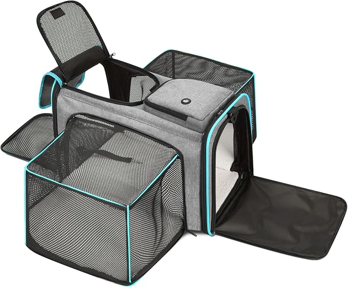 Pet Carrier, Large Soft Sided Expandable Travel Carrier with Steel Frame, Anti-Scratch Mesh, Removable Fleece Pad and Pockets for Cats, Dogs and Small Animals up to 15 lbs (Gray, 4 Sides Expandable)