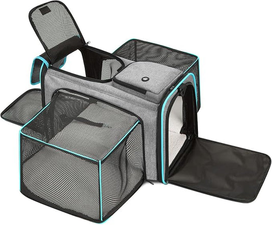 Pet Carrier, Large Soft Sided Expandable Travel Carrier with Steel Frame, Anti-Scratch Mesh, Removable Fleece Pad and Pockets for Cats, Dogs and Small Animals up to 15 lbs (Gray, 4 Sides Expandable)