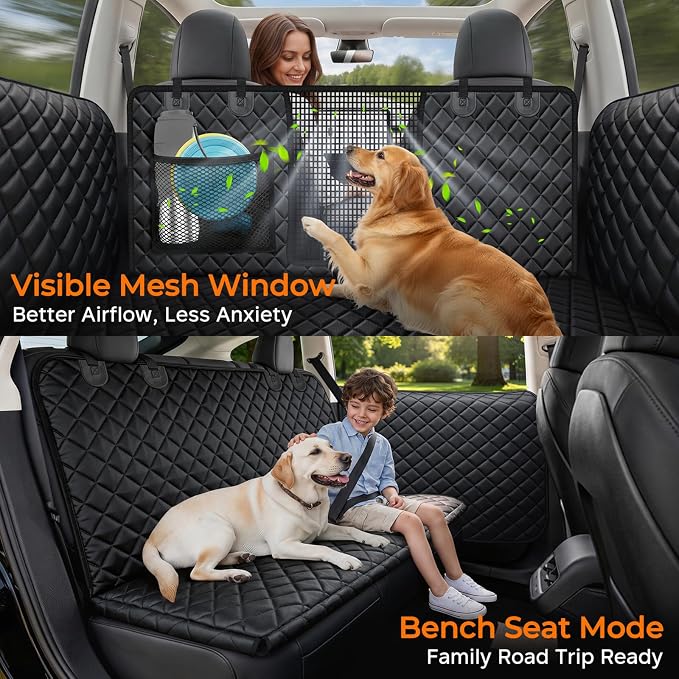 URPOWER Dog Car Seat Cover for Back Seat, Waterproof Hammock for Model Y | Easy Pet Access, Waterproof, Scratch Resistant, Mesh Window, Non-Slip, ISOFIX Anchors, Easy Care, Dog Seat Belt Included