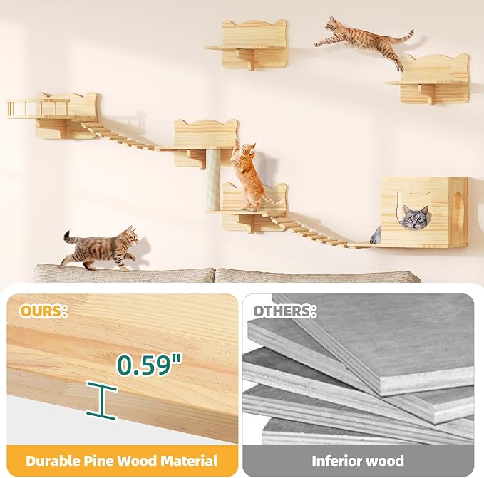 Cat Wall Shelves, 9-in-1 Wood Cat Wall Furniture Set, Burlywood | Cat Climbing Systems for Space-Saving, Wall Mounted Cats Shelves for 16 Inch Drywall, with Scratching Posts, Bridge, Condos