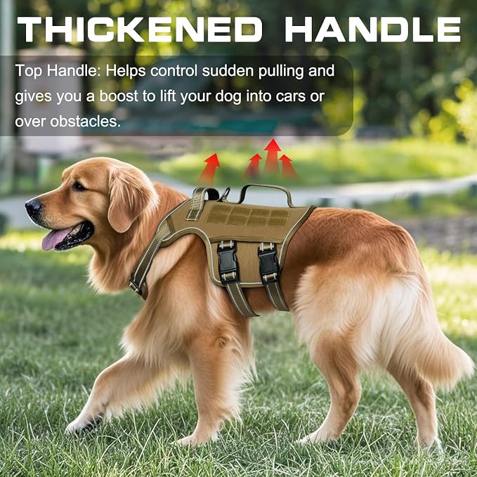 Dog Harness, Tactical No Pull for Small Sized Dog with Handle | Breathable Soft Padded, Adjustable, Reflective, Molle System, Heavy Duty, No Choke for Walking Training, Khaki Small