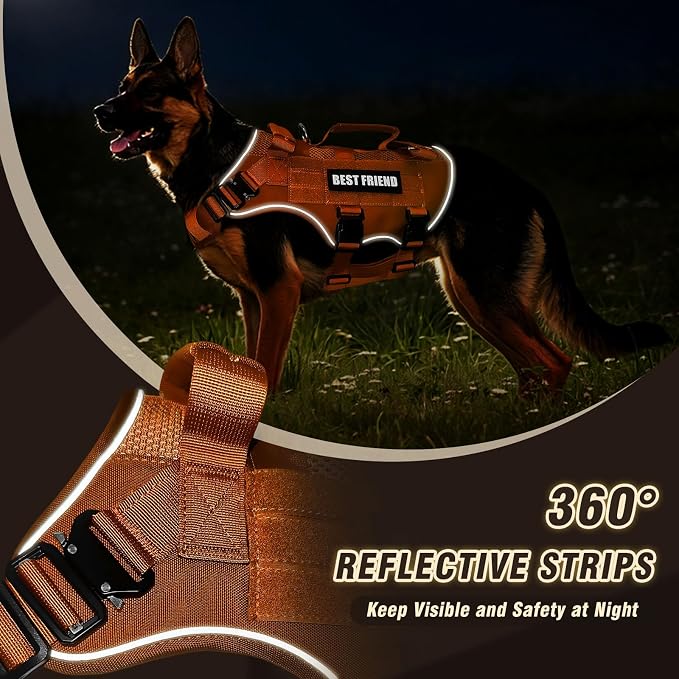 Air Mesh Tactical Dog Harness with Metal Buckles&MOLLE,Orange Large | Breathable Adjustable No Pull Service Dog Vest with 3 Padded Handles,Military Dog Harness for Training Hiking Hunting Working