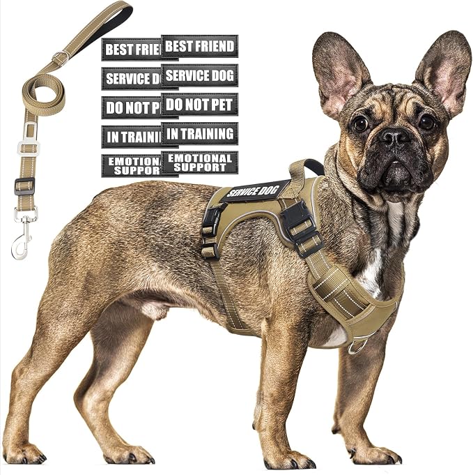 Tactical Dog Harness and Leash Set Medium Sized Dog+10 Dog Patches | Adjustable No Pull Service Animal Dog Vest with Dog Seat Belt,Padded Handles,Reflective Easy Walk for Training Hiking Brown M