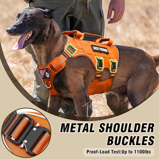 Air Mesh Tactical Dog Harness with Metal Buckles&MOLLE,Orange M | Breathable Adjustable No Pull Service Dog Vest with 3 Padded Handles,Military Dog Harness for Training Hiking Hunting Working