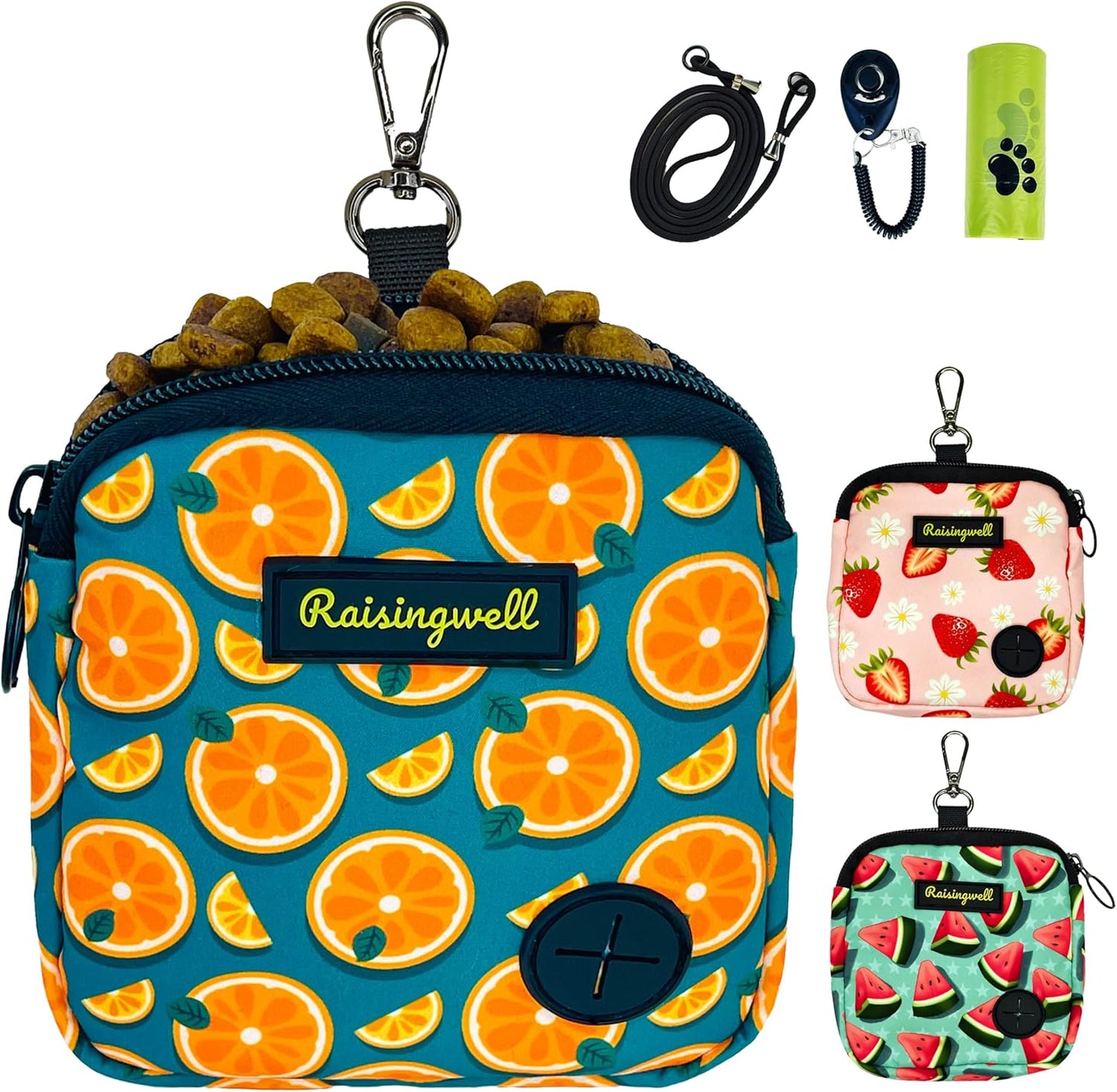 Dog Treat Pouch for Pet Walking and Training with Clicker Poop Bags Small Fanny Zipper Pack Holder for Puppy Snack Dispenser Kit for Leash and Outdoor Use (Fruit Orange)