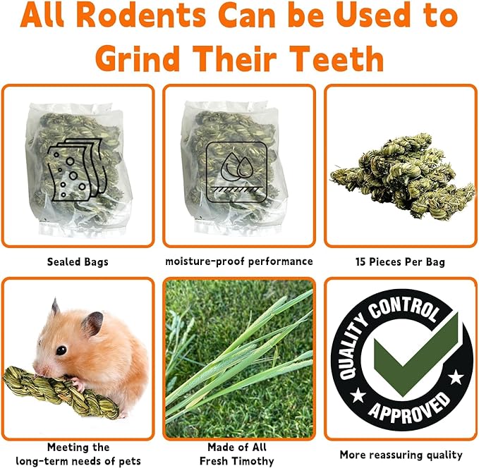 Hamiledyi 15 PCS Rabbit Chew Toys for Teeth - Timothy Hay Treats and Sticks - Natural Grass Chew Toys for Bunnies Guinea Pigs Hamsters and Chinchillas - Bunny Teeth Care