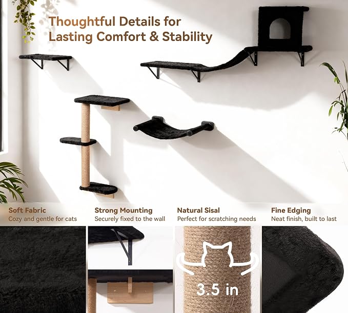 Wall Mounted Cat Furniture Set of 4 – 4 in 1 Cat Wall Shelves with Hammock, Bridge, Climbing Tree & Perch – Shelves for Large Cats, Holds Up to 30 lbs, Indoor Playground