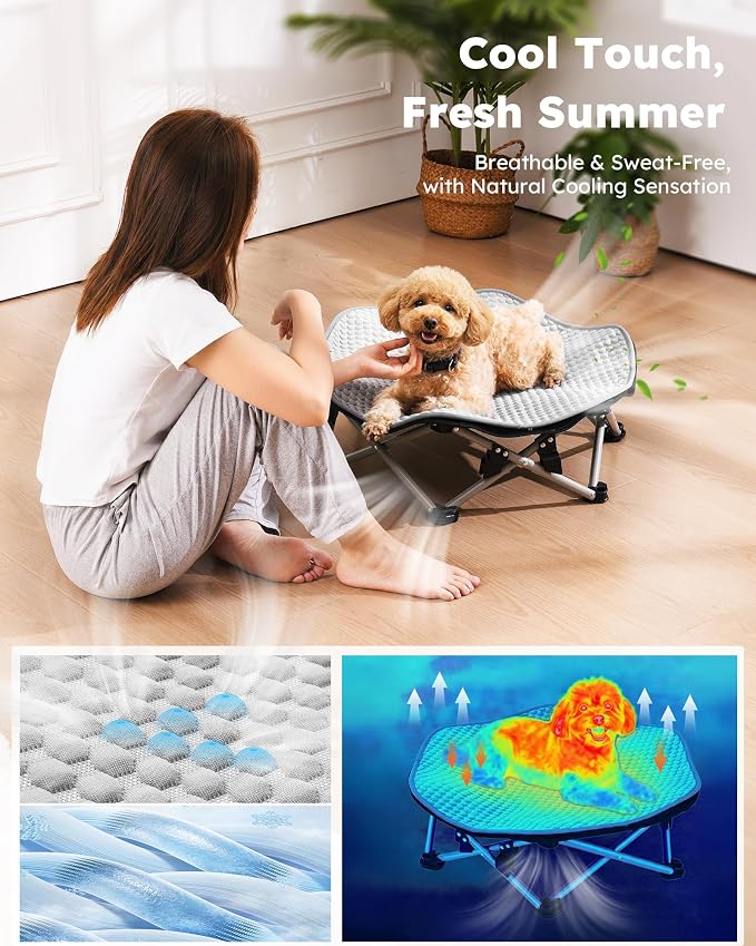Pecute Raised Dog Bed with Cooling Mat, Elevated Pet Cot for Cats, M | Breathable Textilene Mesh, Outdoor Camping & Beach, Steel Frame,130 lbs Heavy Duty Support, Tool-free 3-second Quick Assembly